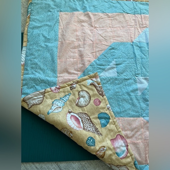 Fish Quilt Handmade Peach Blue Baby Blanket Nautical Ocean Nursery Kids Room - Picture 5 of 6